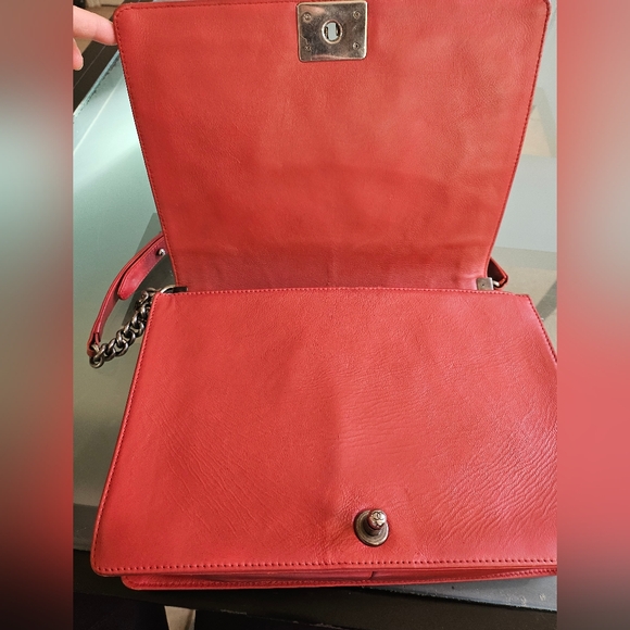 CHANEL XL Red Leather Boy Chain Link Shoulder Crossbody Bag Purse Diamond - Picture 9 of 16